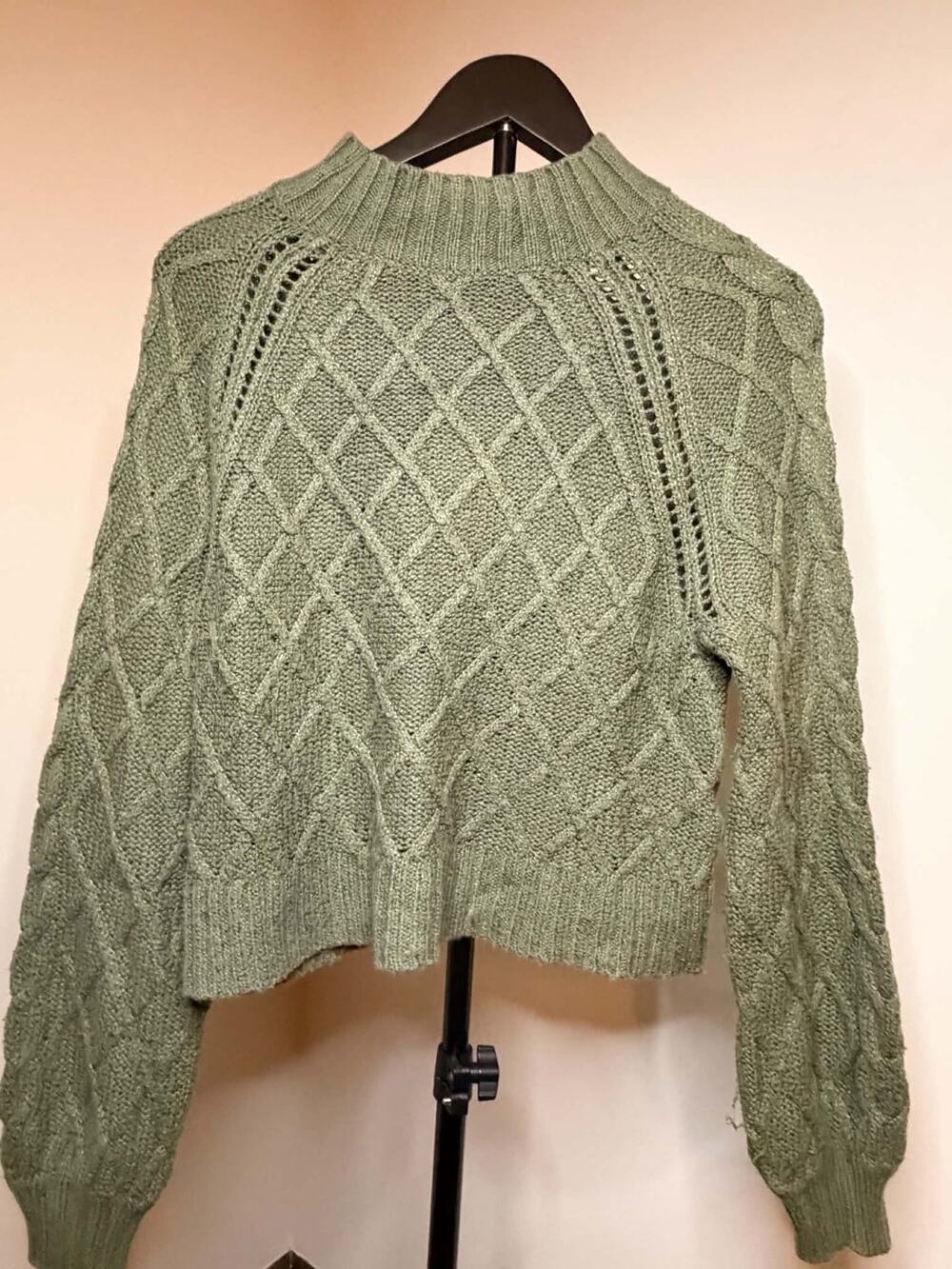 American Eagle Sage Green Cable Knit Balloon Sleeve Sweater